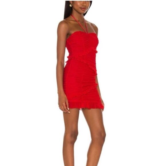 MAJORELLE Red Ruched Halter Bodycon Mini Dress Ruffles‎ Size M - Picture 2 of 13